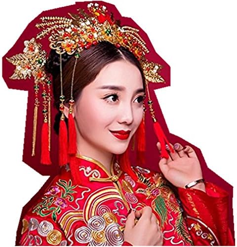 Red bride Chinese retro cheongsam costumes tassels phoenix hairpins crown
