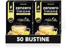 King Cup - 5 Confezioni da 10 Bustine Solubili di Bevanda Zenzero e Limone da Zuccherare, 50 Stick da 6 gr, Gusto Zenzero e Limone da Aggiungere a 60 Ml di Acqua Calda, Senza Glutine, Senza Lattosio