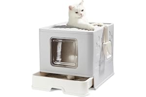 Pawsayes Bac à litière pour chat - Grand bac à litière pour chat avec couvercle - Entrée supérieure - Grande litière pour chats avec pelle et porte d'entrée