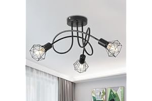 MCHOTER Industrial 3 Way Ceiling Light Chandelier Semi-Flush Mount E14 Base Black Metal Caged 3 Lights Ceiling Light Fixture for Bedroom Living Dining Room Hallway(Bulbs not Include)