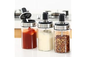 TENTA KITCHEN Vaso per condimenti in Vetro borosilicato Alto Vasi per condimento, Cucchiaio sotto Coperchio, Grado Commerciale Premium, vasetti Vuoti 8.45 oz, Tappo ermetico
