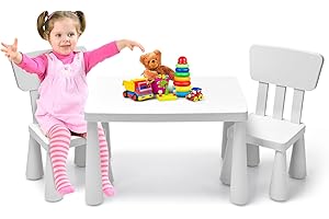 ‎LIFEZEAL LIFEZEAL Kindertisch mit 2 Stühlen, Niedliche Kindersitzgruppe aus Kunststoff, Kindermöbel mit mit Rückenlehne & Runden Kanten, Kindertisch und Stuhl Set für Mädchen & Jungen (Weiß)