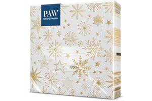 PAW DECOR COLLECTION PAW - Tovaglioli di Carta Natale (33 x 33 cm) I 20 Pezzi I Tovaglioli di Carta Natalizi I 3 Veli I Inverno, Vacanze, Neve, Fiocchi di Neve, Oro I Shiny Snowflakes