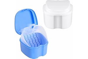 DAJISI 2PCS Denture Box, False Teeth Container Portable Retainer Case with Filter Denture Bath Case for Storing Soaking Denture Retainer Box for Travel and Daily Use (Blue, White)