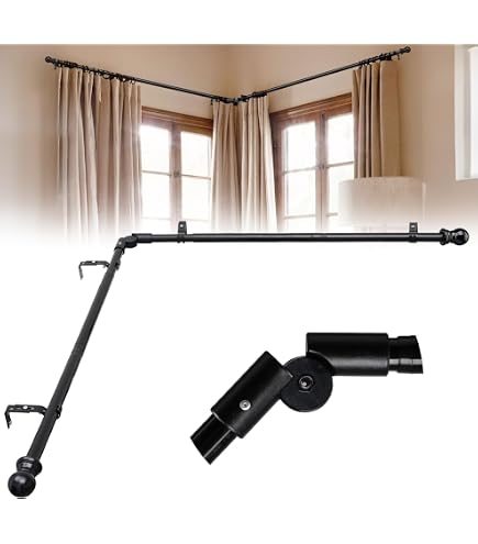 Asta Per Tenda Angolare Regolabile A L - 68,6-172,7 Cm, Pieghevole, Nero Lucido, Per Finestre A Bovindo E Angoli, Resistente Antiruggine
