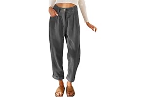 HSUAYEUD Cordhosen füR Damen Casual High Waist Tapered Hose Baumwoll Gerades Bein Hosen Einfarbig Freizeithosen mit Taschen