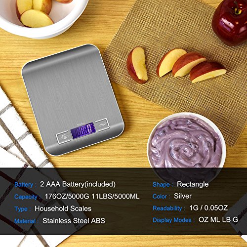 Firlar 5Kg / 11lb Digital Post Und Nahrungsmittelskala Edelstahl Beleuchtete LCD Anzeigen Multifunktionsküche Elektronische Balance - 8
