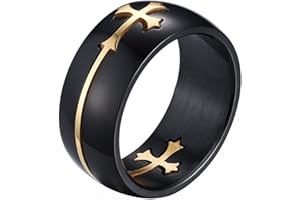 JewelryWe 2016 Anillos Hombre Negro Dorado, 8mm Acero Inoxidable, Doble Cruz Desmontable Anillos Religiosos Original Único, Talla 14.5-32