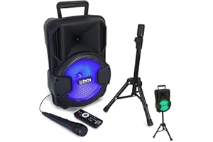 Party Light & Sound - Pack Karaoké Enceinte USB SD Bluetooth + Pied + Micro + Batterie idéal Cadeau Noël, d’Anniversaire PA DJ Sono Mix LED Light