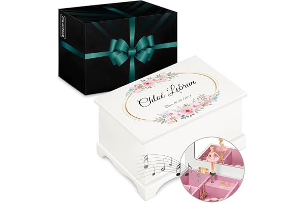 Maverton Boîte à Bijoux Musicale personnalisée avec ballerine - 17x11x9 boite a bijoux avec impression pour petite fille - pour premier anniversaire - Cadeau Fille 8 Ans - deco - Bouquet