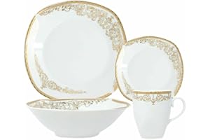 HOUSETRONICS WISH CLICK DONE Royal 16PC Square Dinner Set Porcelain Dining Soup Plate Bowl Mug DINNERWARE Printed (Donya - Gold)