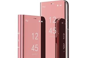 QIWEIQING Huawei P30 Lite Funda Carcasa Espejo Mirror Design Caso Clear View Makeup Standing Protectora Flip Folio PC + PU Cover Cubierta para Huawei P30 Lite Mirror Rose Gold QH