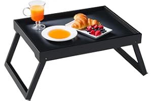 RRX Betttablett Tisch mit klappbaren Beinen, Bambus Frühstück im Bett Essen, Servieren oder Verwendung als Serviertablett, Laptop-Schreibtisch, Snack-Tablett (Schwarz)