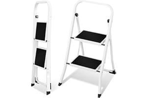 EUGAD Escabeau Pliant avec 2 Pédales, Échelle Domestique avec Marches et Pieds Antidérapants, Escabeau Portable, Marchepied Pliable, Facile à Ranger, Charge 150 kg, en Acier, Noir + Blanc