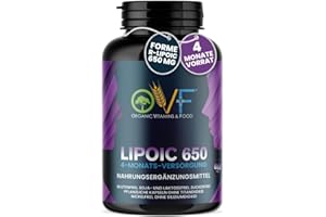PARAFARMACIA, ORGANIC VITAMINS & FOOD OVF R-Alpha Liponsäure 650 mg Hochdosiert, 120 Vegane Kapseln (4 Monate Vorrat), Starkes Antioxidans für Energie, Nerven & Stoffwechsel, Ohne Siliciumdioxid, 100% Made in Italy