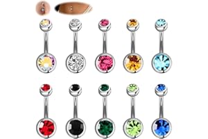 ZEPIQOR 10 Piercings para Ombligo, Acero Quirúrgico y Titanio, Doble Gema, Calibre 14 (1.6 mm x 11 mm)