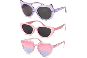 Yuio 3Pcs Kids Sunglasses, Cute Girls Heart Shaped Cat Eye Shape Sunglasses Set, UV 400 Protection Flexible Frame, Childrens Sun Glasses for Boys Outdoor Beach Holiday Cute Eyewear Party Accessories