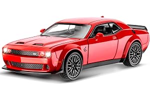 MODVKVK Dodge Challenger 1:32 modellbil, Hellcat-leksaksbil med ljud och ljus, retryckfunktion för barn från 3 år och bilsaml