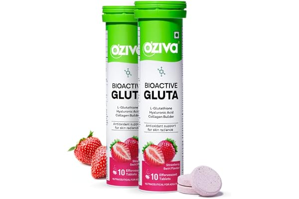 OZiva Bioactive Glutathione Tablets for Radiant Skin - 20 Effervescent Tablets (Pack of 2) L-Glutathione, Lycopene, Vitamin C for Skin Glow & Anti-Pigmentation Strawberry Swirl