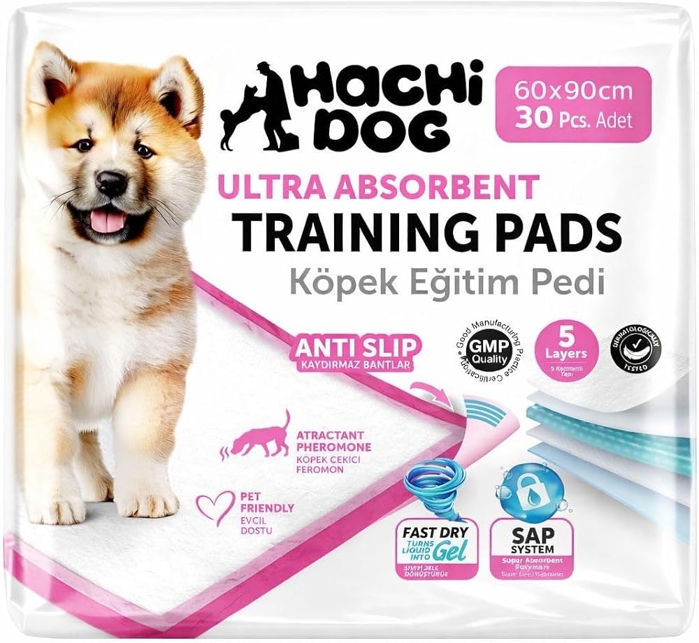 Hachi Dog Ultra Emici Köpek Eğitim Pedi, 5 Katmanlı, Kaydırmaz Taban, Hızlı Kuruyan Jel Teknolojisi, 60x90 cm, 30 Adet