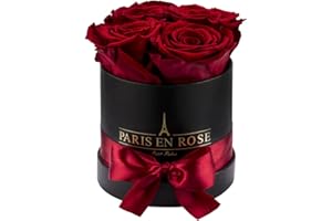 PARIS EN ROSE Rosenbox | mit 4 bordeaux-roten Infinity Rosen Größe XL | konservierte ewige Rose | runde Schwarze Box mit Schleife | 3 Jahre haltbar | Grußkarte