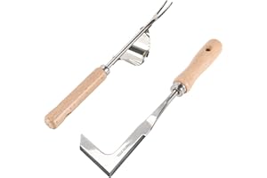 AOKITO 2 Cortamalas Hierbas, Tenedor Manual de Acero Inoxidable, Tenedor de Malas Hierbas, Tenedor de Jardinería, Desmalezas con Mango Ergonómico de Madera Natural para Deshierbar Tu Jardín, Excavar, Aflojar