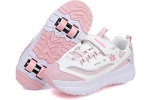 Mateju Kids Roller Skate Shoes for Girls Boys Skateboarding Skates with 4 Wheels Removable Parkour Shoes, Flowers Unisex Outdoor Skating Sneakers for Children Walking Sports