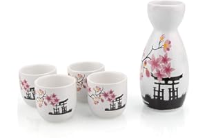 ABuff Japanisches Sake-Set, 1 Tokkuri-Flasche & 4 Ochoko-Becher, Frühlingsblüten Keramik-Sake-Set, mikrowellen- und spülmaschinenfest