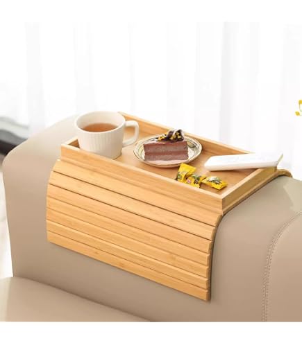 Plateau D'Accoudoir De Canapé En Bambou Naturel GEHE - Table Pliable Antidérapante Pour Snacks, Téléphone, Télécommande - Gris