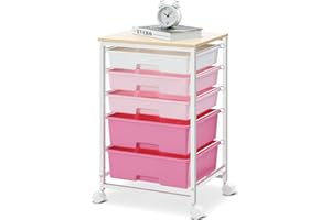 SYKIARIOL Storage Trolley with 5 Plastic Drawers, Rolling Storage Cart on Wheels, Multipurpose Utility Cart Organizer Unit for Living Room,Bedroom,School,Beauty, Easy Movement, Pink