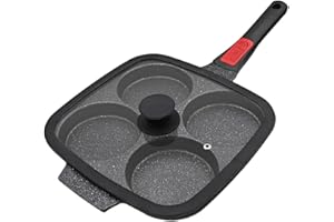 Bobikuke Poêle à Pancakes/ à Omelette à 4 Emplacements avec Couvercle Antiadhésive en Aluminium pour Petit-déjeuner Oeuf Au Plat Hamburger, pour Cuisinière à Gaz et Cuisinière à Induction