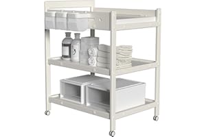 hoopyosms Plastique Table à Langer avec Tapis Imperméable, Station à Langer avec Roulettes, Organisateur Mobile Portable pour Nouveau-nés et Nourrissons, avec Grand Espace de Rangement et Étagère