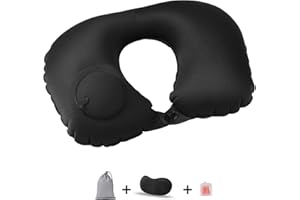 HUTVD Cuscino da Viaggio Gonfiabile, Cuscino Gonfiabile a Forma di U Pieghevole Cuscino Cervicale da Viaggio Gonfiabile con Pompa di Gonfiaggio a Pressione, Adatto per Auto, Ufficio (Nero)