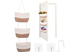Strixorn Door Hanging Storage Organiser Baskets, 3-Tier Cotton Rope Woven Hanging Organiser, Hanging Fruit Basket Wardrobe with 3 Pockets for Wall Living Room Bathroom Bedroom