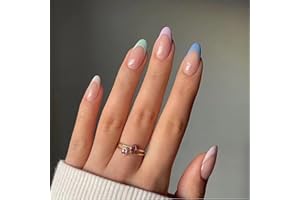 JUSTOTRY 24 Stück Regenbogen Mandel Nägel Zum Aufkleben Kurz,Mehrfarbig French Press on Nails,Nude Oval Kunstnägel Fake Nails mit Kleber,Fingernägel Künstliche Nägel Mittel für Frauen