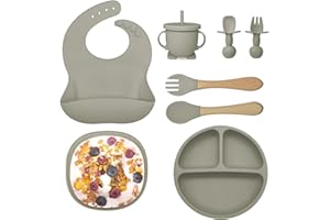 BIZCASA Baby Weaning Set,8pcs Toddler Feeding Set Adjustable Bib with Large Crumb Pouch, Suction Bowl, Cup, Fork, and Spoon Baby Feeding Sets Cutlery Set Easy Wipe Clean for Babies and Toddler (Grey)