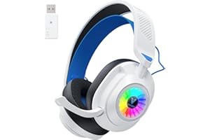 Vakedy HW10 Wireless Gaming Headset, Bluetooth Headset Wireless für PC, PS4, PS5, Mac, Switch, Mobile, Gaming Headset Bluetooth mit Mikrofon, mit RGB Licht, Über 50 Stunden Akkulaufzeit - Weiß/Blau