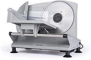 Petra Trancheuse électrique - Trancheuse à viande, fromage et pain, épaisseur réglable de 1 à 15 mm, 3 lames en acier inoxydable de 170 mm, lame lisse et dentelée, pieds antidérapants, protège-doigts