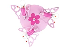 ‎ELOBRA Elobra Deckenlampe Kinderzimmer 'Schmetterling' | hochwertige Kinderzimmerlampe für Mädchen aus Echtholz, rosa Prinzessin Lampe mit Blumenmuster, 30 x 30 x 20cm, Rosa Pink