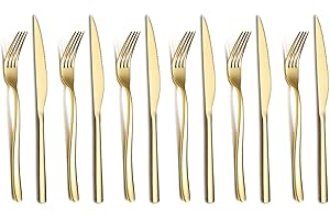 HOMQUEN Dorado Juego de Cuchillos Para Carne 12 Piezas, Acero Inoxidable Premium 6 Tenedores Para Cena Y 6 Cuchillos Para Cena, Cuchillo Para Bistec Tenedor Para Bistec 6 Personas (Brillante Dorado)