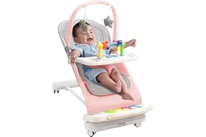 UUOEEBB Babywippe mit Abnehmbarer Spielbogen, Baby Bouncer mit Klavierspielzeuge, Fütterungstablett, Verdicktem Kissen und Rädern, 4-Stufig Verstellbare Wippe Baby für Neugeborene 0-18 Monate (Rosa)