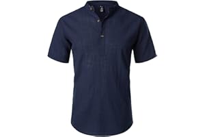 LucMatton – Chemise à manches courtes et col cheminée Henley, décontractée et légère, en coton et lin, pour homme
