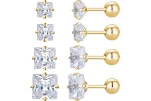JMFENFA 4 Paar Stern-Herz-Quadrat-Ohrstecker mit Schraubverschluss, 18 Karat vergoldeter chirurgischer Edelstahl Zirkonia-Ohrstecker 3-6 mm