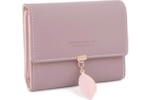RRANCHARLTU Portefeuille Femme Feuille Exquis Pendentif en PU Cuir, 6 emplacements pour Cartes y Compris 1 fenêtre d'identification 1 Section de Facture et 1 Poche à Fermeture éclair, Mauve Pâle