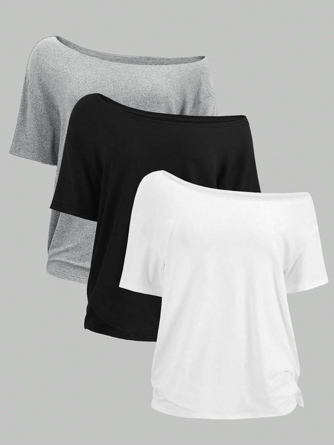 Paquete de 3 camisetas para mujer, con hombros descubiertos, holgadas, holgadas, de manga corta, casuales, de verano, atlético, para entrenamiento