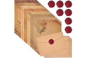 EUIEUT 16 Ensemble de Papier Vintage Fleur avec 16 Sceaux de Cire Plastique, 8 Styles Autocollant Papier a Lettre avec Enveloppe Vintage, Papier Kraft pour Lettres, Cadeaux, Scrapbooking, Invitations