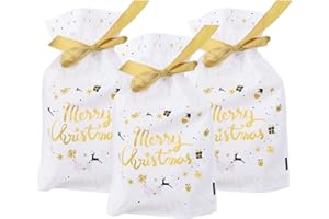 VIDILLO Woreczki prezentowe na Boże Narodzenie ze sznurkiem, 50 sztuk, świąteczne, czerwone, renifery, Boże Narodzenie, opakowanie prezentowe, słodycze, słodka torebka z tworzywa sztucznego, na Boże Narodzenie, na rocznicę ślubu Wesołych Świąt, Tworzywo sztuczne