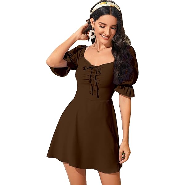 Buy GEN F Women's Ruched Bodycon Mini Dress, Red, Long Sleeve, Puff  Shoulder, Square Neck at Amazon.in
