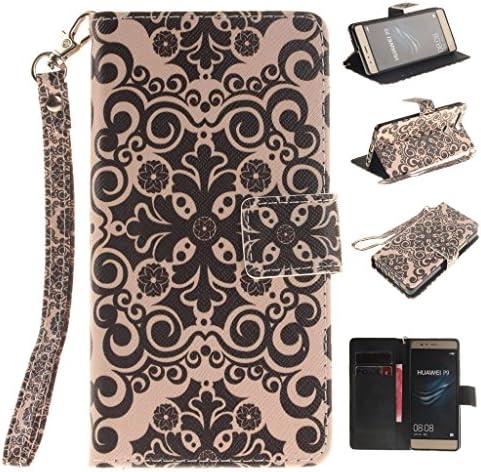 HUAWEI P9Lite/G9 case, JGNTJLS [with Free Tempered Glass Screen Protector] Premium PU Leather Wallet Embedded Flip Magnetic Detachable Close Lock with [Colorful-Pattern Lanyard Strap] and [Credit Card Holder Slots] Smart Standing Folio Book Style Type Stylish Ultra Slim Fit Protective Folder Case Cover Skin for HUAWEI P9Lite/G9 5.2" Inch (Black,Palace Flower)