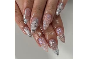 ‎MOUYOUGLOW MouyouGlow Press on Nails Kurz,Almond Nude Rosa Silber Herz Print 3D Strass Wasserrippel Fake Nails mit Nagelkleber,Pink Weiss French Künstliche Fingernägel